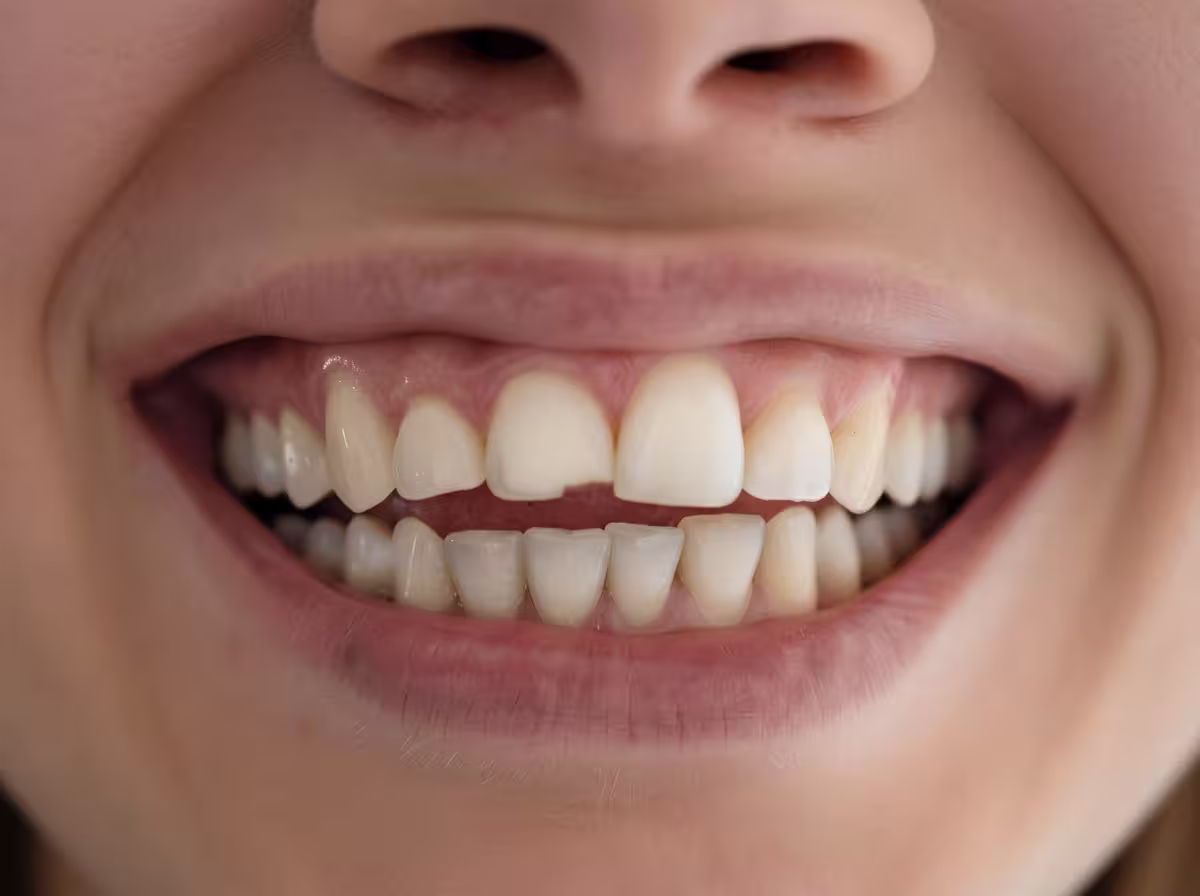 Before treatment: worn and discoloured upper teeth